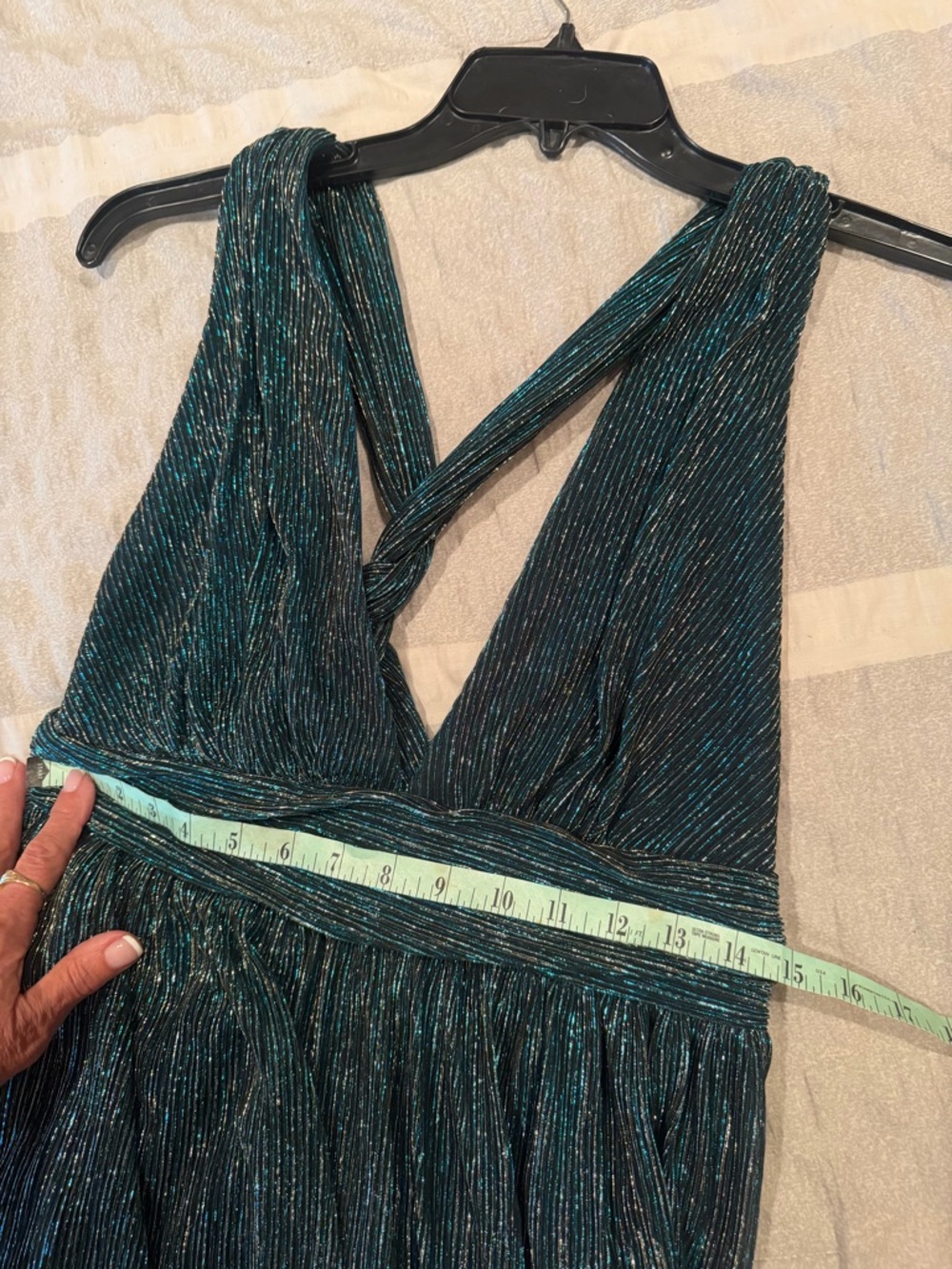 Lulu's Teal & Gold Shimmer Halter Dress - L - Picture 13 of 15